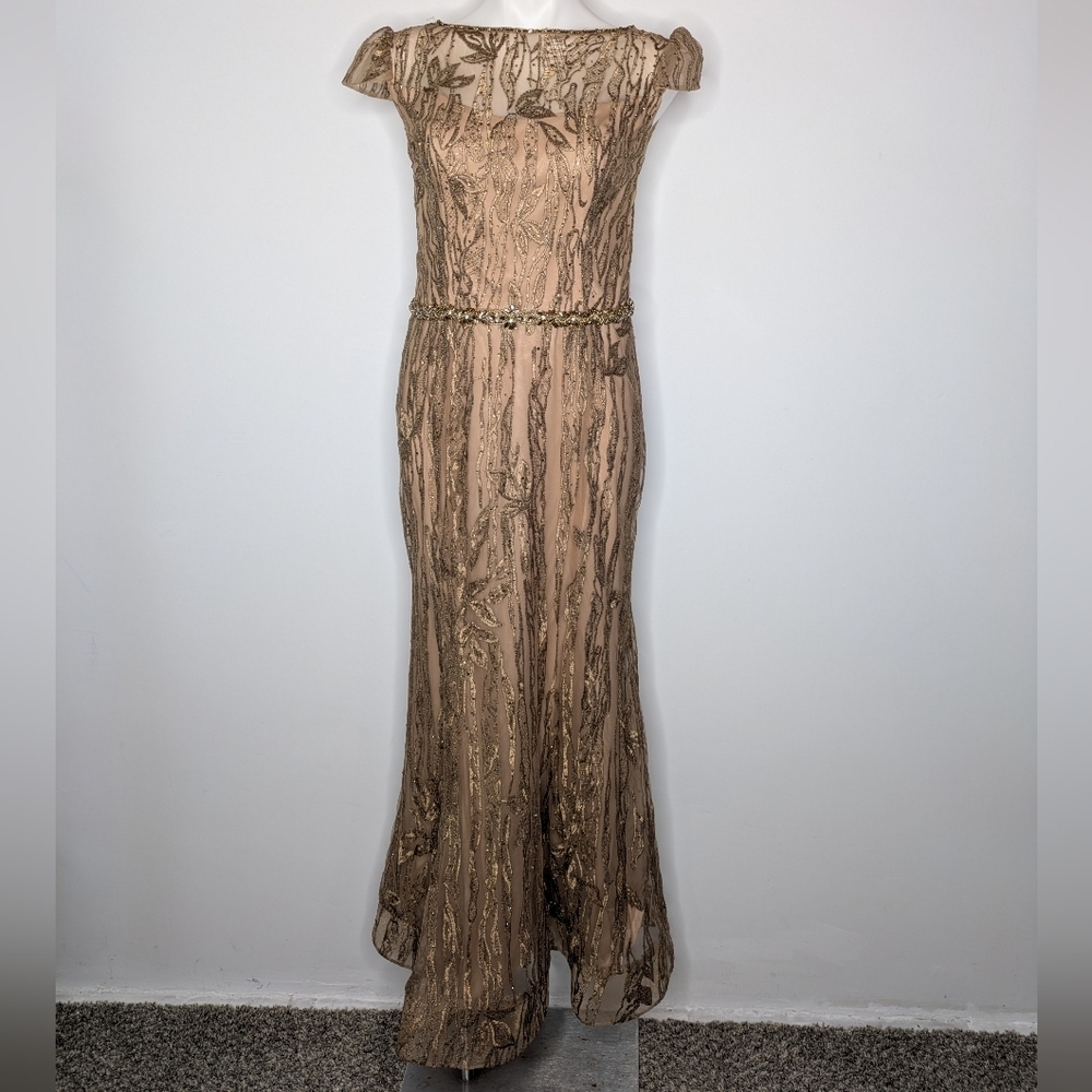 Cameron Blake Brown 221685 Embroidered Rhinestone Cap Sleeve Evening Gown 12